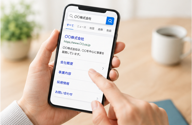 スマートフォンで会社名を検索している様子